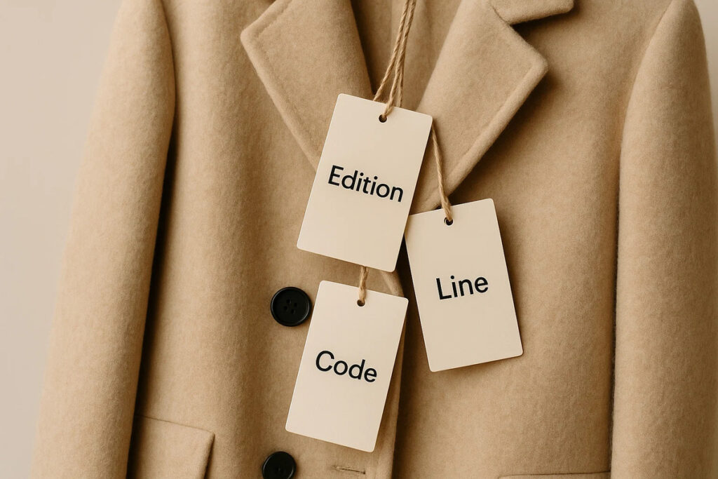 Rectangular Shaped Swing Tags 4 Rectangular shaped swing tags with “Edition”, “Line”, and “Code” tied to a coat.