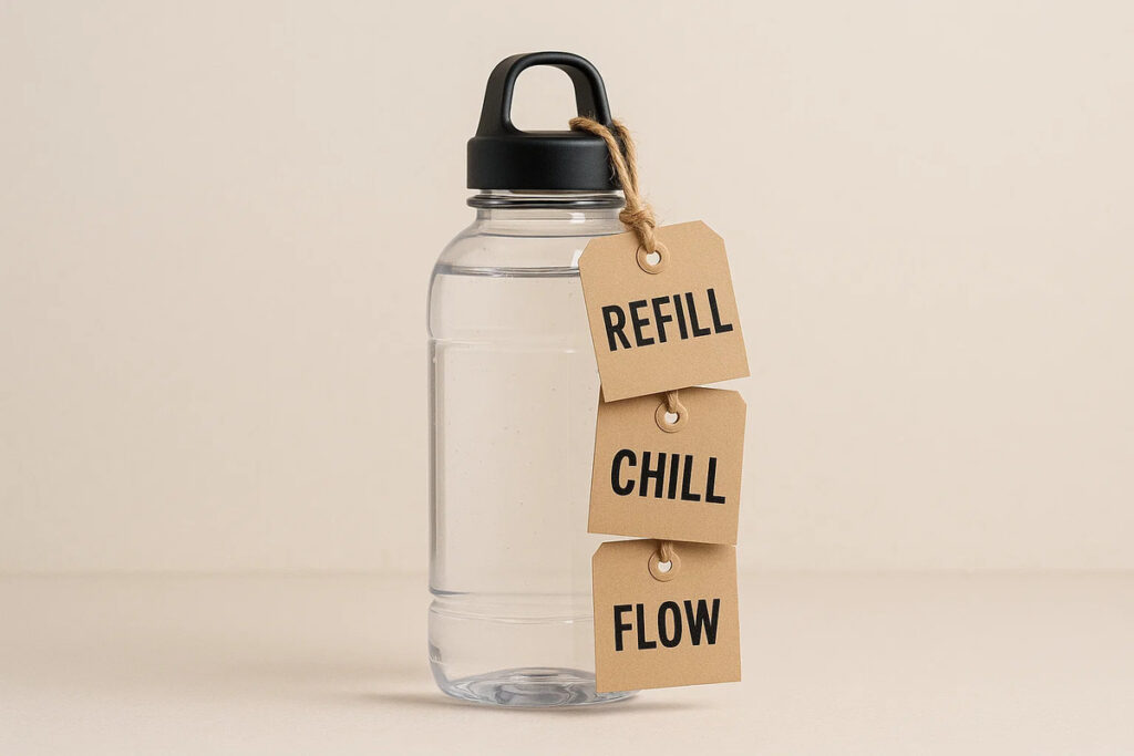Rectangular squeeze tags reading “Refill”, “Chill”, and “Flow” tied to a water bottle lid.