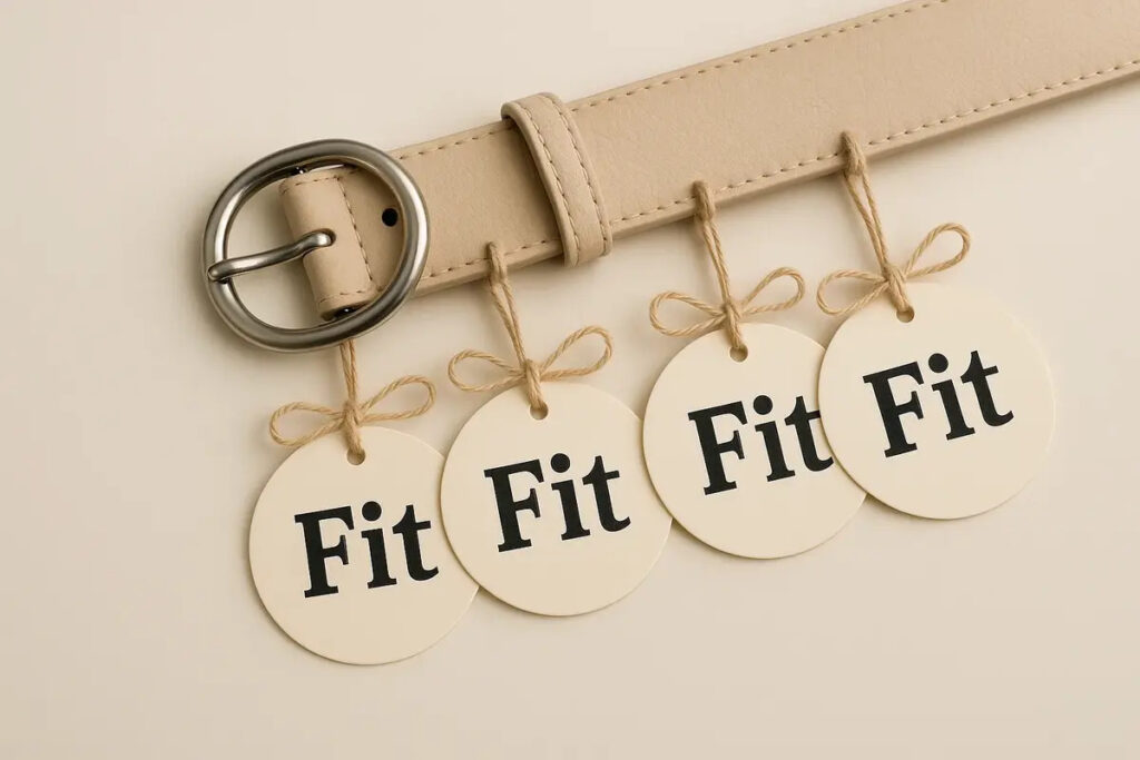 Round Belt Hang Tags 3 Round belt hang tags with ‘Fit’ printed, tied to a belt strap on a clean background.