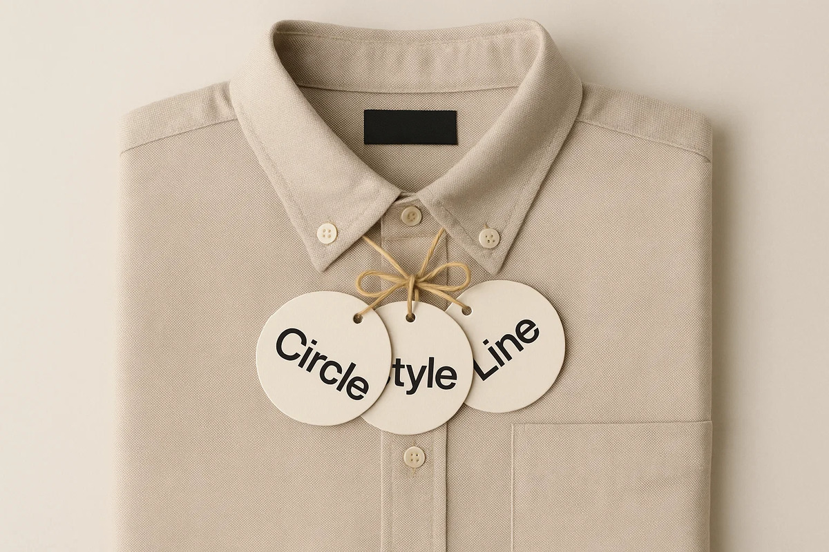 Round shaped swing tags with “Circle”, “Style”, and “Line” tied to a shirt.