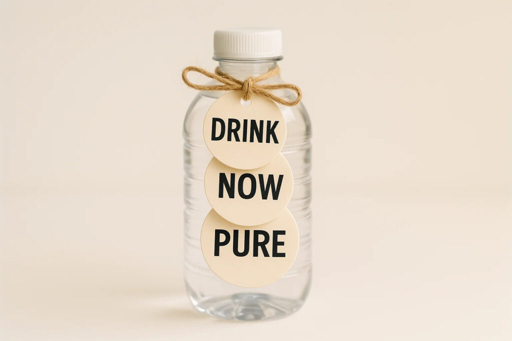 Round Squeeze Tags 4 Round squeeze tags showing “Drink”, “Now”, and “Pure” tied to a bottle cap.