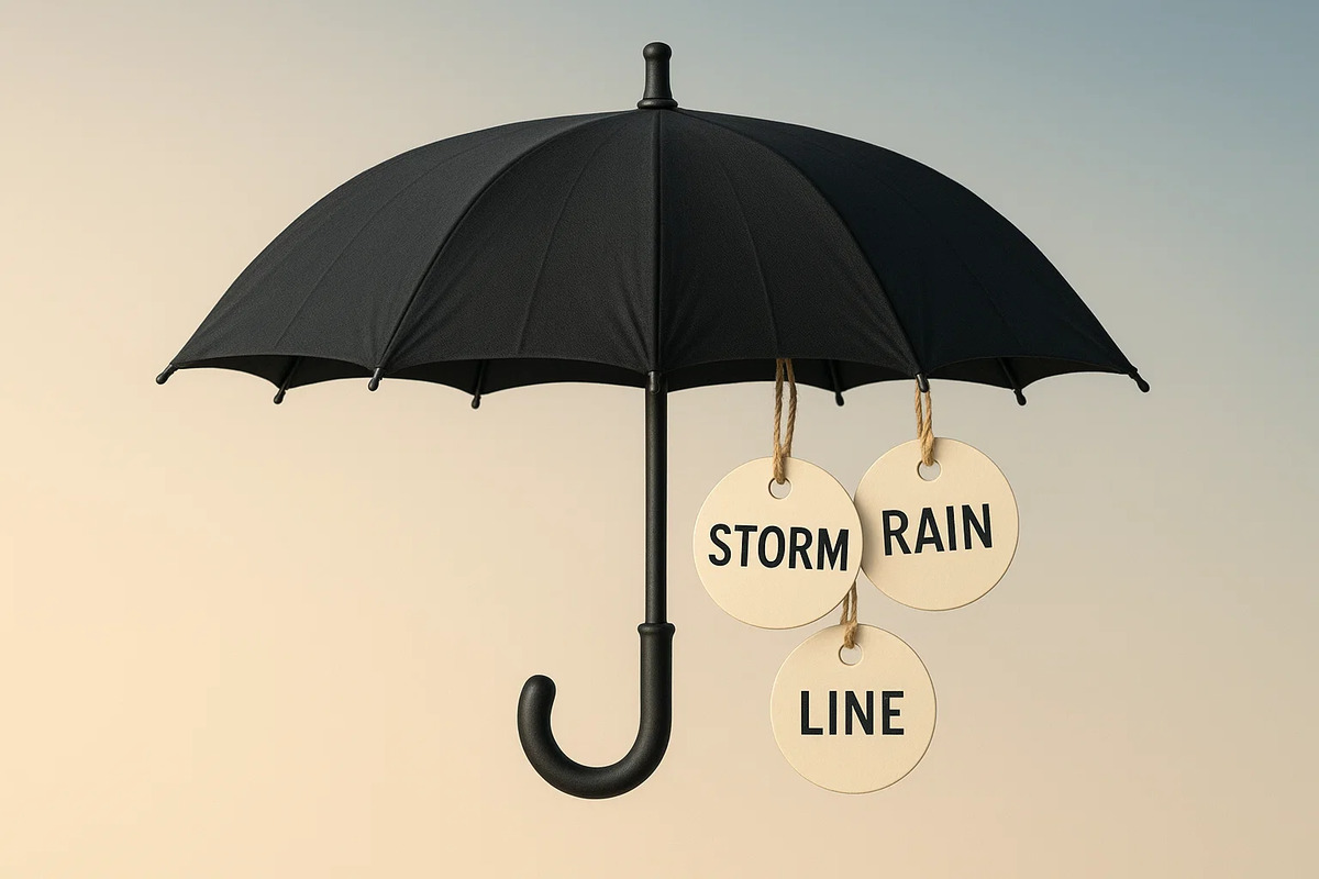 Round umbrella tags with ‘Storm’ printed, tied to an umbrella handle loop on a clean background.