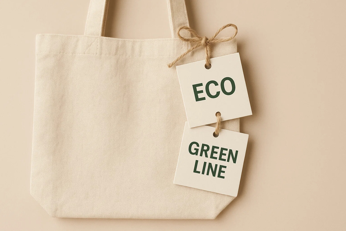 Square Eco-Friendly Swing Tags 6 Square eco-friendly swing tags with “Eco”, “Green”, and “Line” tied to a bag strap.