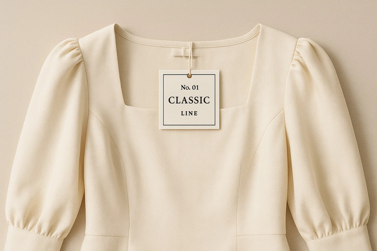 Square Elegant Series Tags 5 Square elegant series tags with “No. 01”, “Classic”, and “Line” on a blouse.