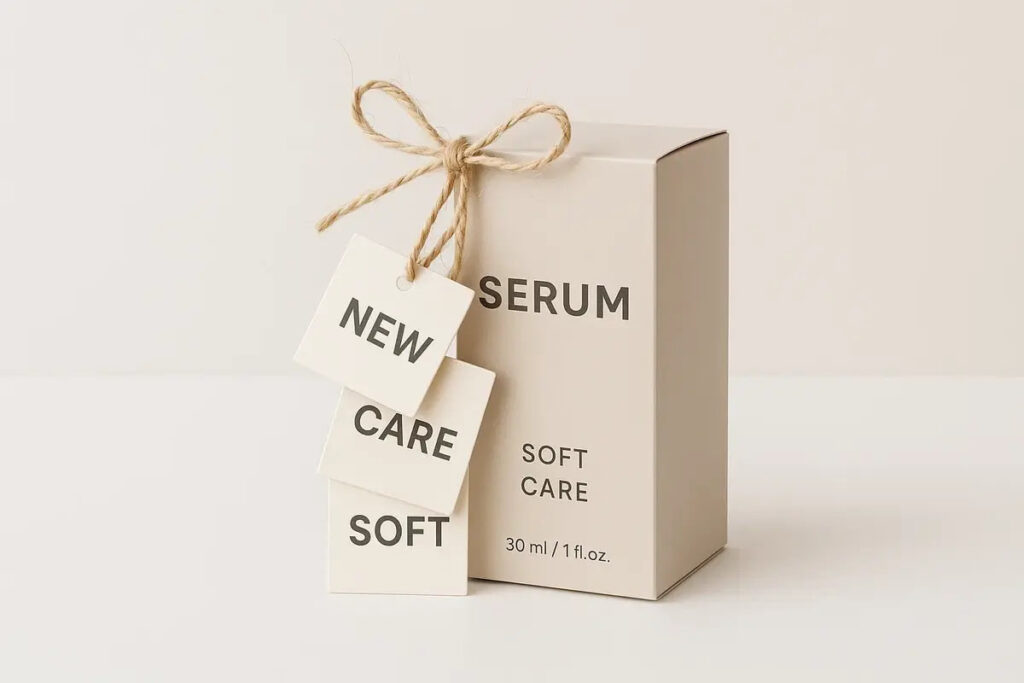 Square hair serum hang tags with ‘Vital’ printed, tied to a serum kit box on a clean background.