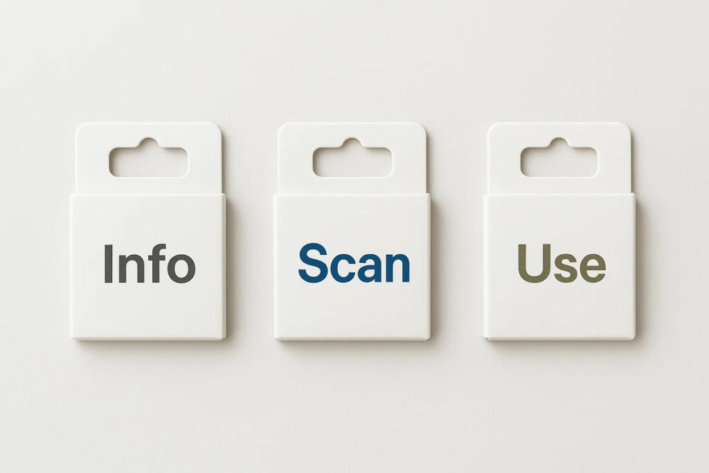 Square Hang Tabs 1 Square hang tabs showing “Info”, “Scan”, and “Use” attached to a product.