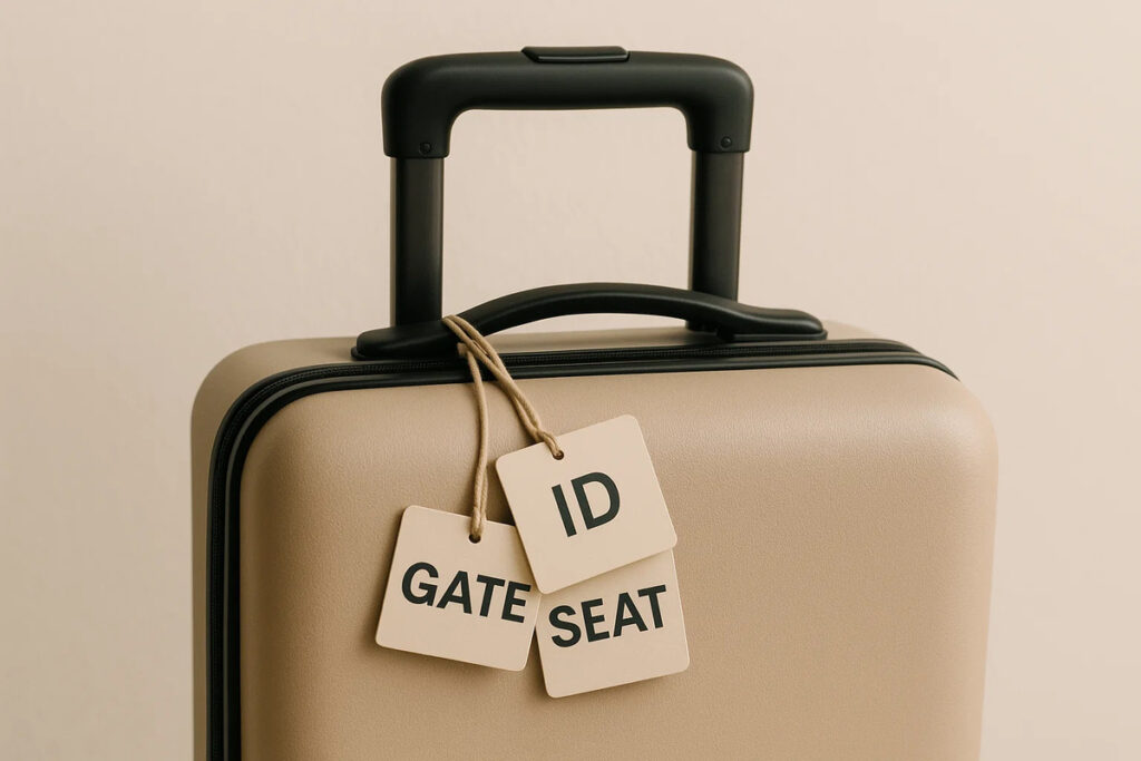 Square Luggage Tags 2 Square luggage tags showing “ID”, “Gate”, and “Seat” on a suitcase handle.