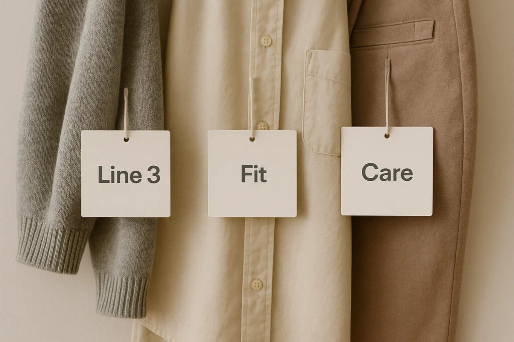 Square Shaped Swing Tags 3 Square shaped swing tags with “Line 3”, “Fit”, and “Care” tied to clothing.