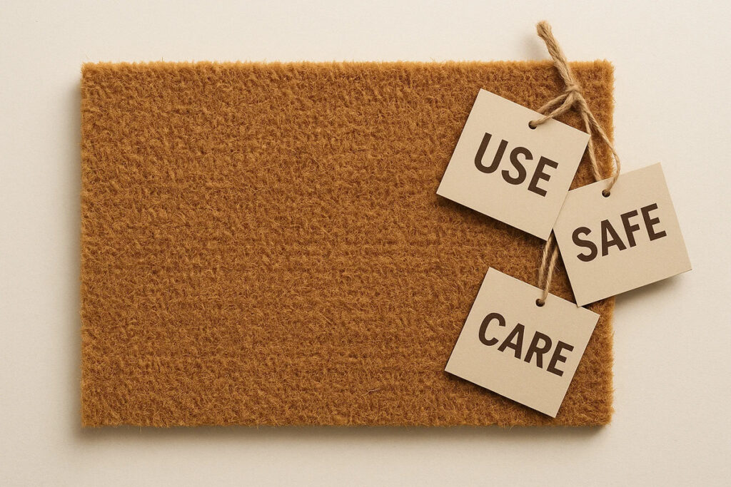Square Shoes Mat Hang Tags 1 Square shoes mat hang tags with “Use”, “Safe”, and “Care” tied to a shoe mat.