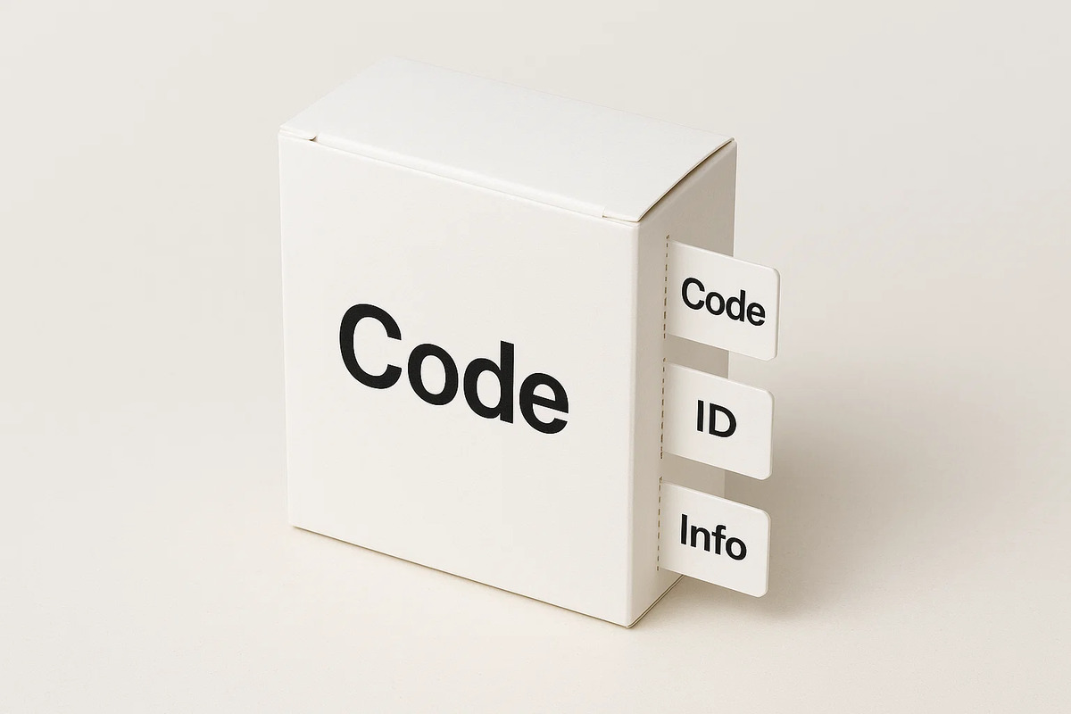 Square tear off tags with ‘Code’ printed, attached to a packaging box against a clean background