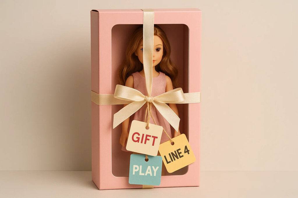 Square toys tags with “Gift”, “Play”, and “Line 4” tied to a doll box.