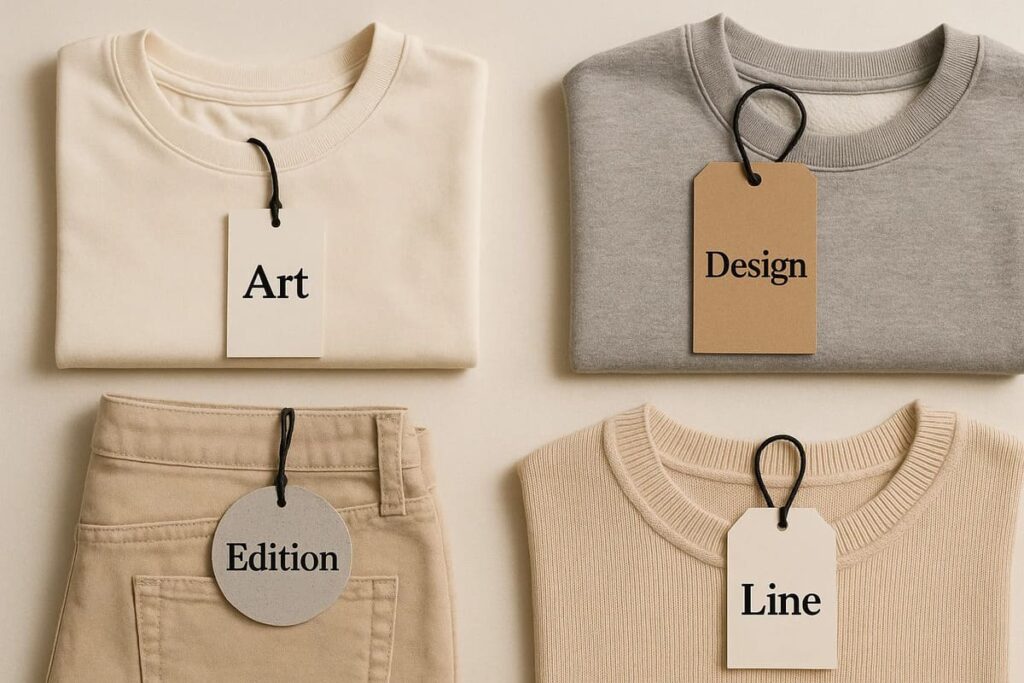 Unique clothing tags printed with ‘Art’, ‘Design’, ‘Edition’, and ‘Line’ attached to creative garments on a soft neutral background