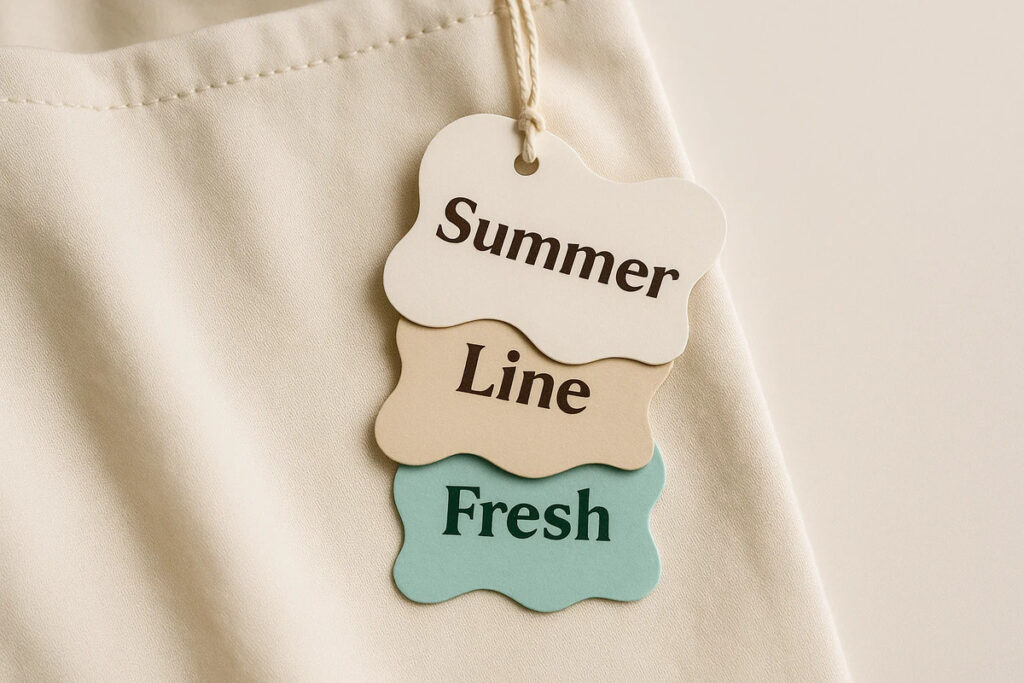 Waves Tags 5 waves tags in matte and gloss finishes displayed on product packaging over a neutral textured background.